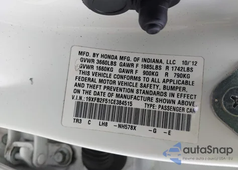 2012 Honda Civic Lx из США, поврежденный, VIN 19XFB2F51CE384515